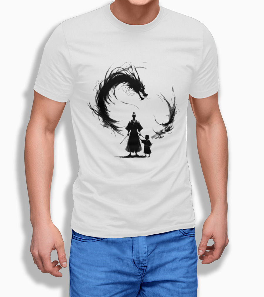 Samurai And Son With Black Dragon Circle T-Shirt