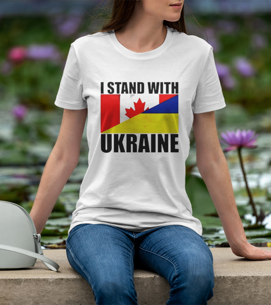 I Stand With Ukraine Canada Flag Maple Leaf Yellow Blue T-Shirt
