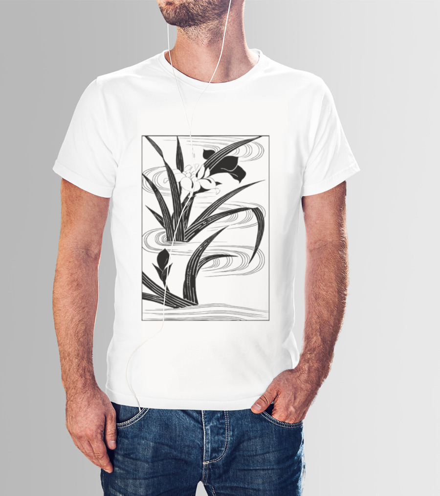 Japanese Black And White Irises In Water With Flowing Waves T-Shirt