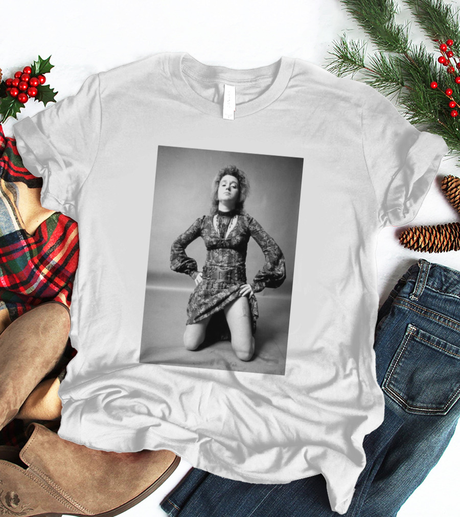 Valie Export Iconic Performance Tribute Kneeling Image With Patterned Dress And Belt T-Shirt