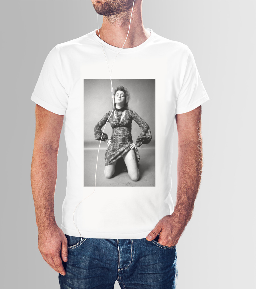 Valie Export Iconic Performance Tribute Kneeling Image With Patterned Dress And Belt T-Shirt