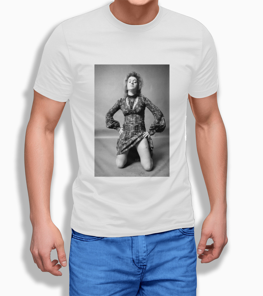 Valie Export Iconic Performance Tribute Kneeling Image With Patterned Dress And Belt T-Shirt