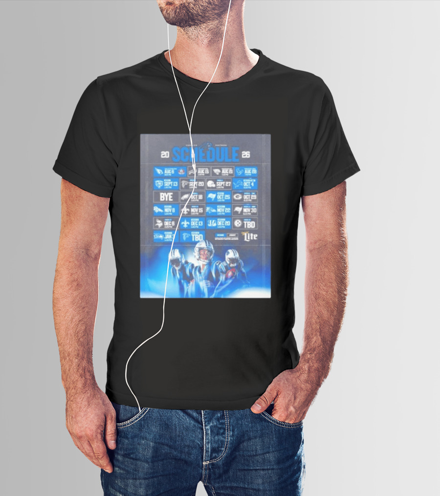 Carolina Panthers 2026 Game Schedule With Player Imagery And Opponent Logos T-Shirt