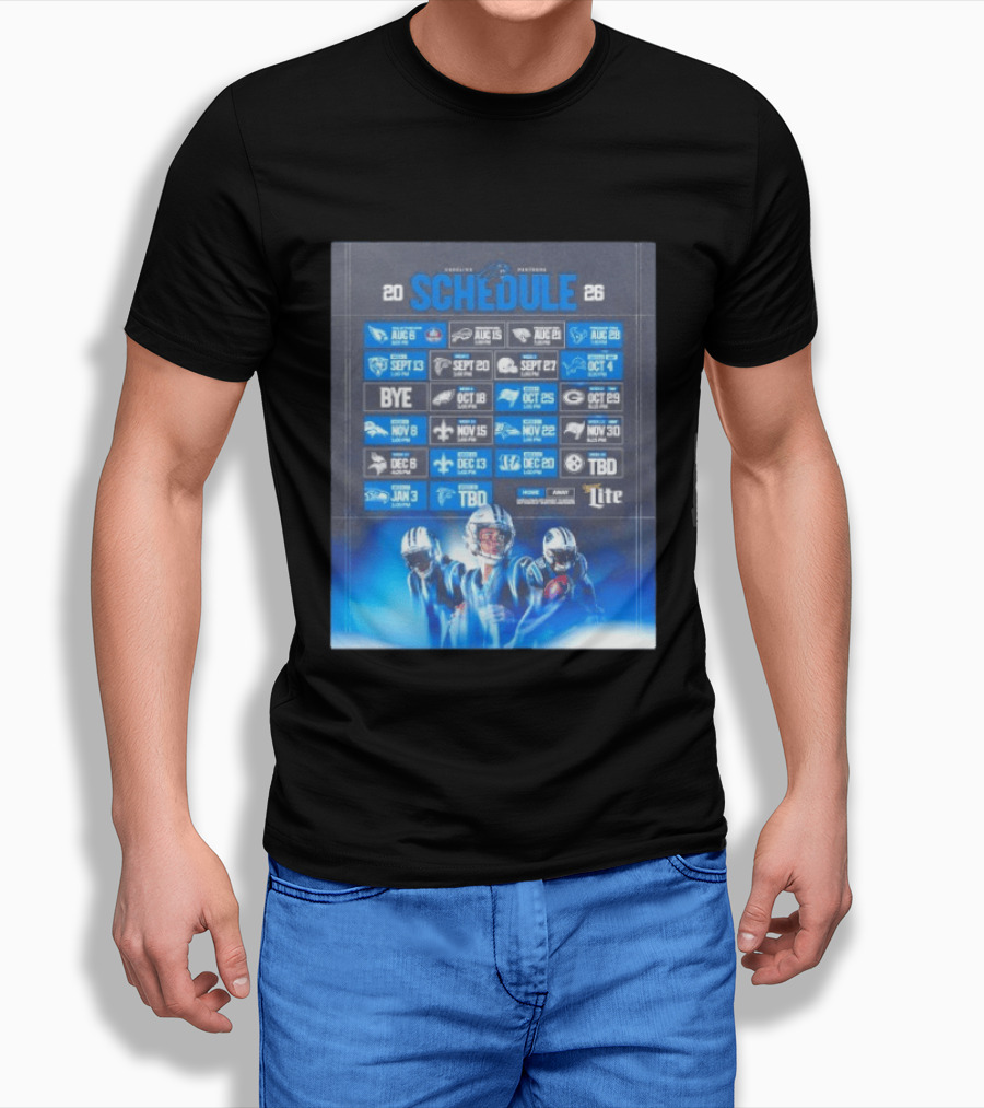 Carolina Panthers 2026 Game Schedule With Player Imagery And Opponent Logos T-Shirt