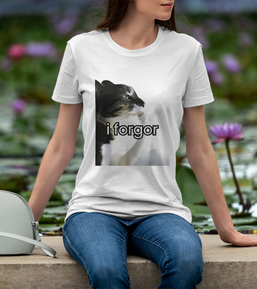 Cat I Forgor Meme Digital Image Paw Licking Pensive Moment T-Shirt