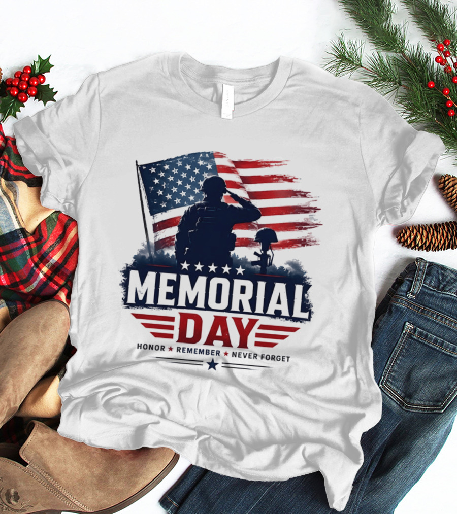 Memorial Day 2026 Honor Remember Never Forget American Flag T-Shirt