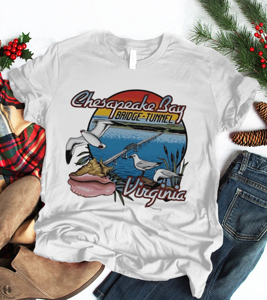 Chesapeake Bay Bridge Tunnel Virginia Seagulls Sunset Scene T-Shirt