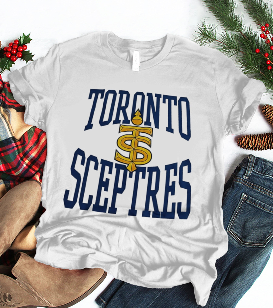 Toronto Sceptres Sports Team Logo Icon With Gold Emblem And Blue T-Shirt