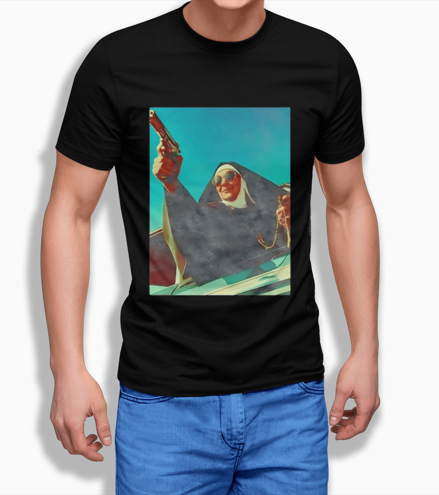 Nun In Black Habit Leaning Out Lowrider With Gun And Rosary T-Shirt