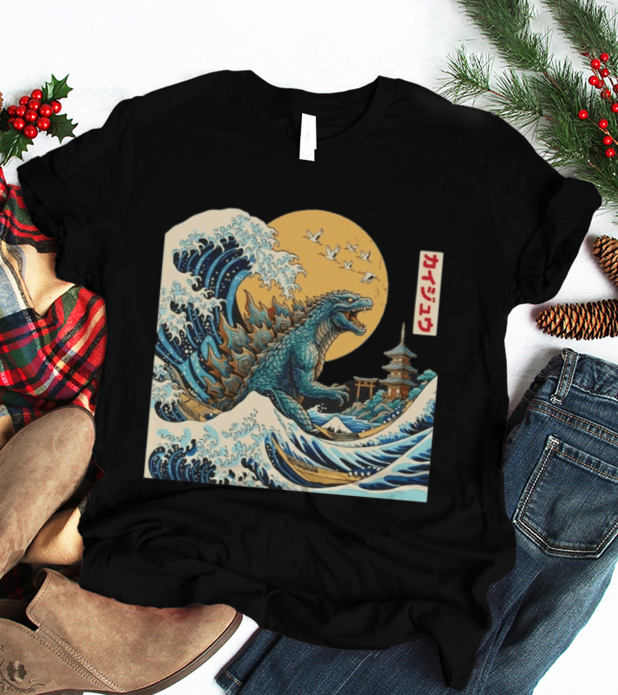 Kaiju Wave Monster Japanese Kawaki Kanji Pagoda Ukiyo E T-Shirt