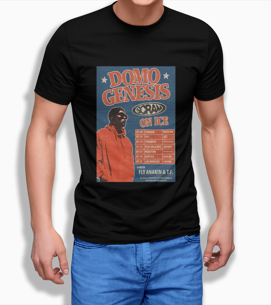 Domo Genesis Scram On Ice World Tour 2026 With Fly Anakin And T.F. London NYC Toronto New Orleans Houston Denver Los Angeles T-Shirt