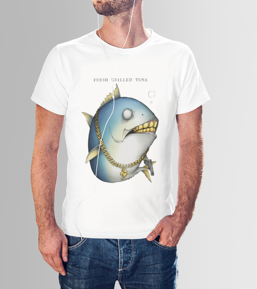 Fish Gun Fresh Grilled Tuna Gangster Chain Gold Teeth T-Shirt