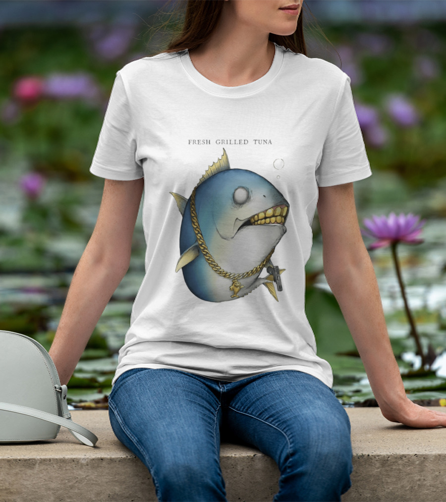 Fish Gun Fresh Grilled Tuna Gangster Chain Gold Teeth T-Shirt