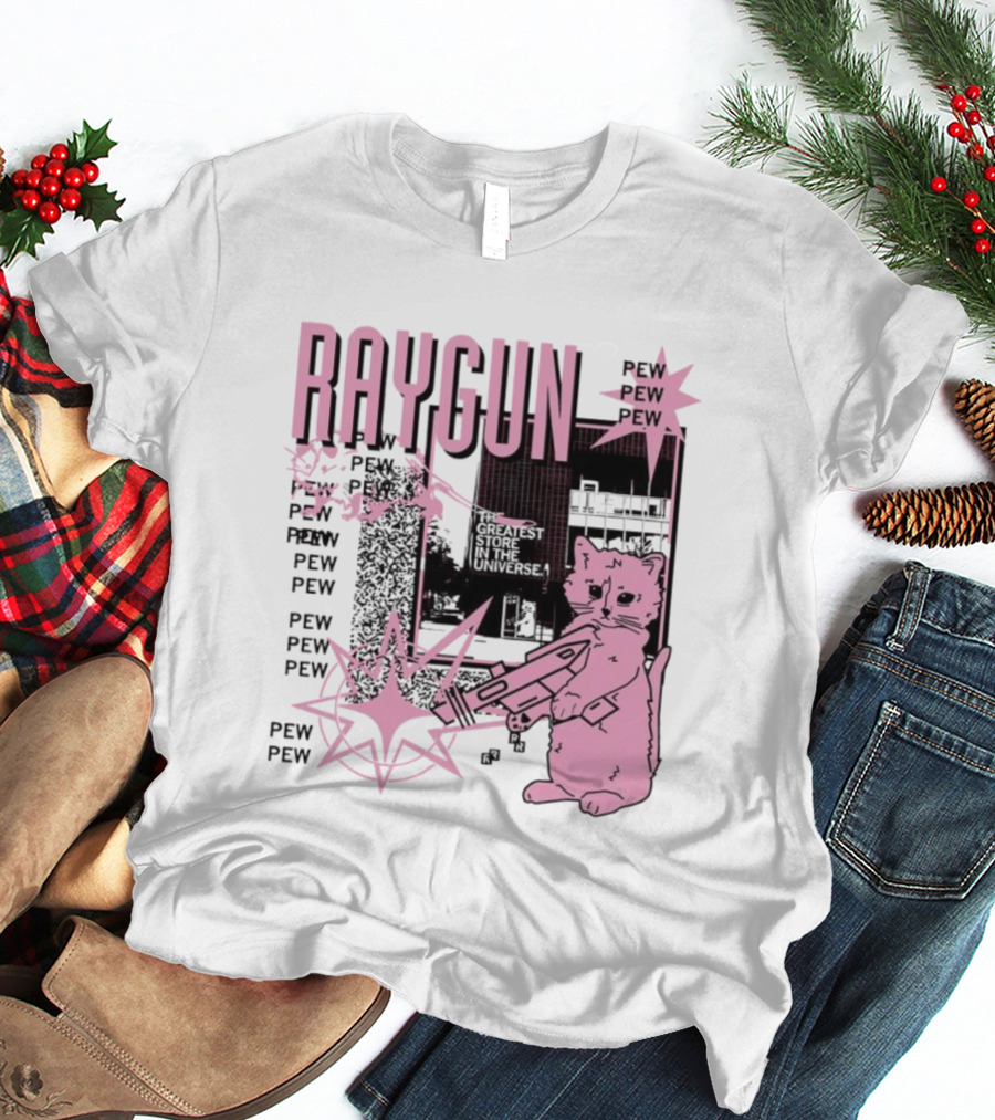 RAYGUN Cat Pew Pew Sci Fi Retro Feline Blaster Adventure T-Shirt