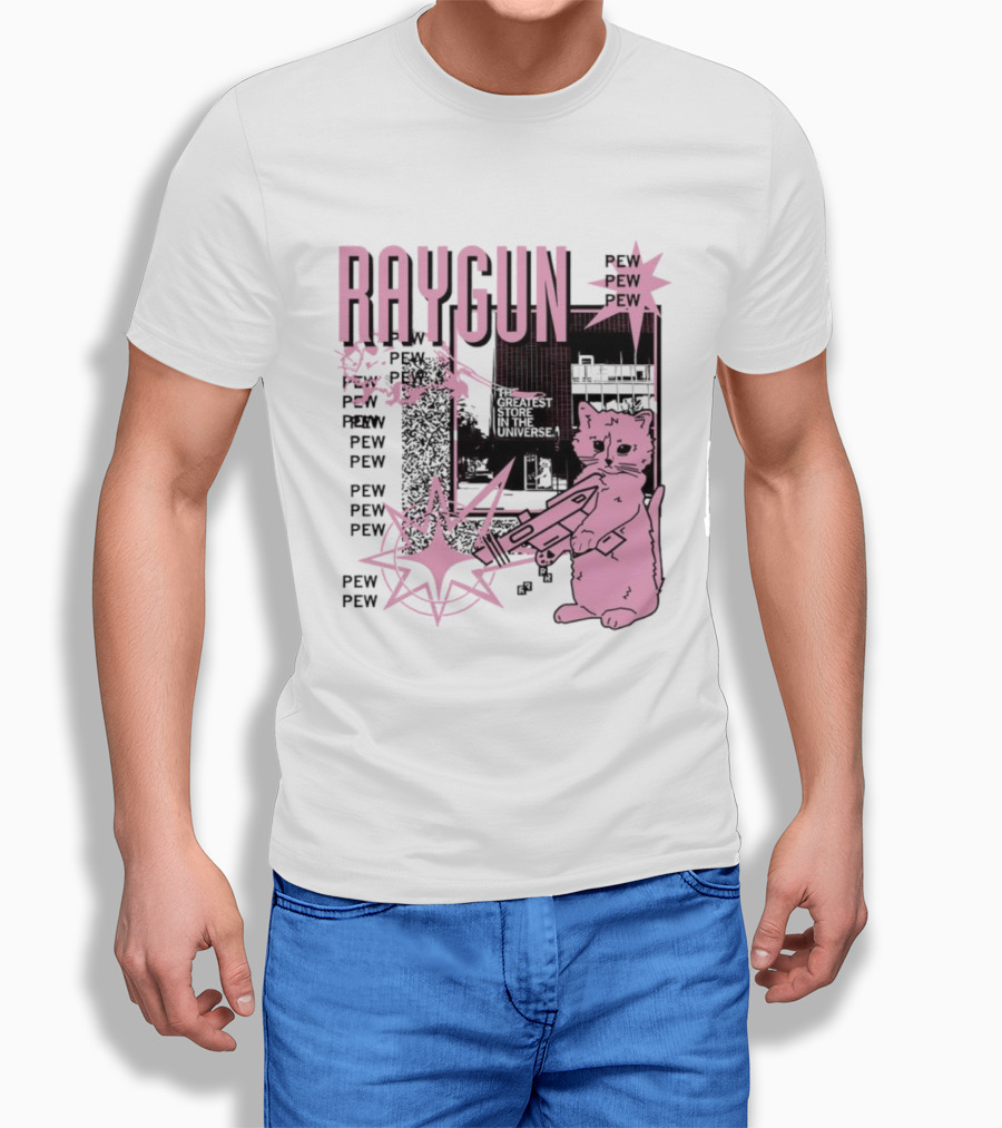 RAYGUN Cat Pew Pew Sci Fi Retro Feline Blaster Adventure T-Shirt