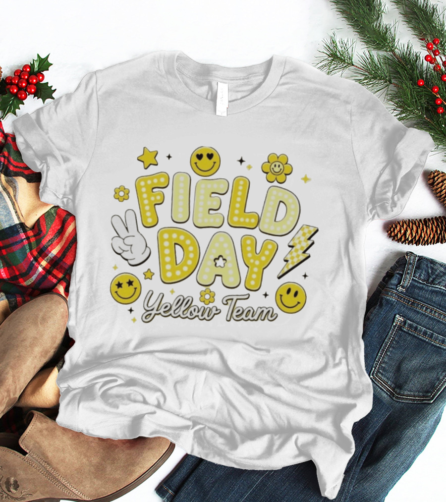 Field Day Yellow Team Smiley Faces Peace Sign Stars And Lightning Bolt T-Shirt