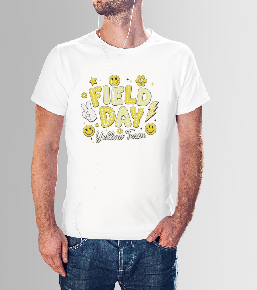 Field Day Yellow Team Smiley Faces Peace Sign Stars And Lightning Bolt T-Shirt