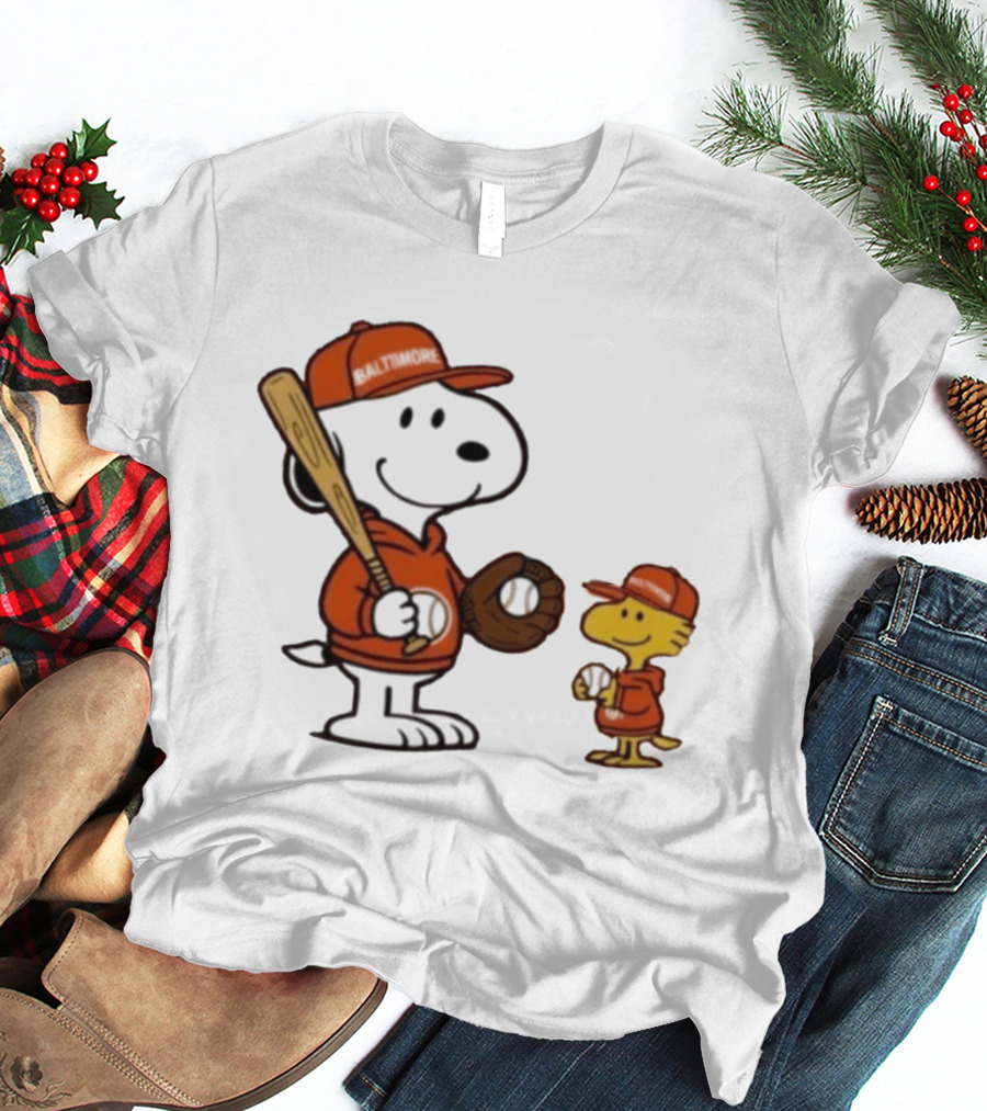 Snoopy Woodstock Baseball Baltimore Orioles Fan Gear T-Shirt