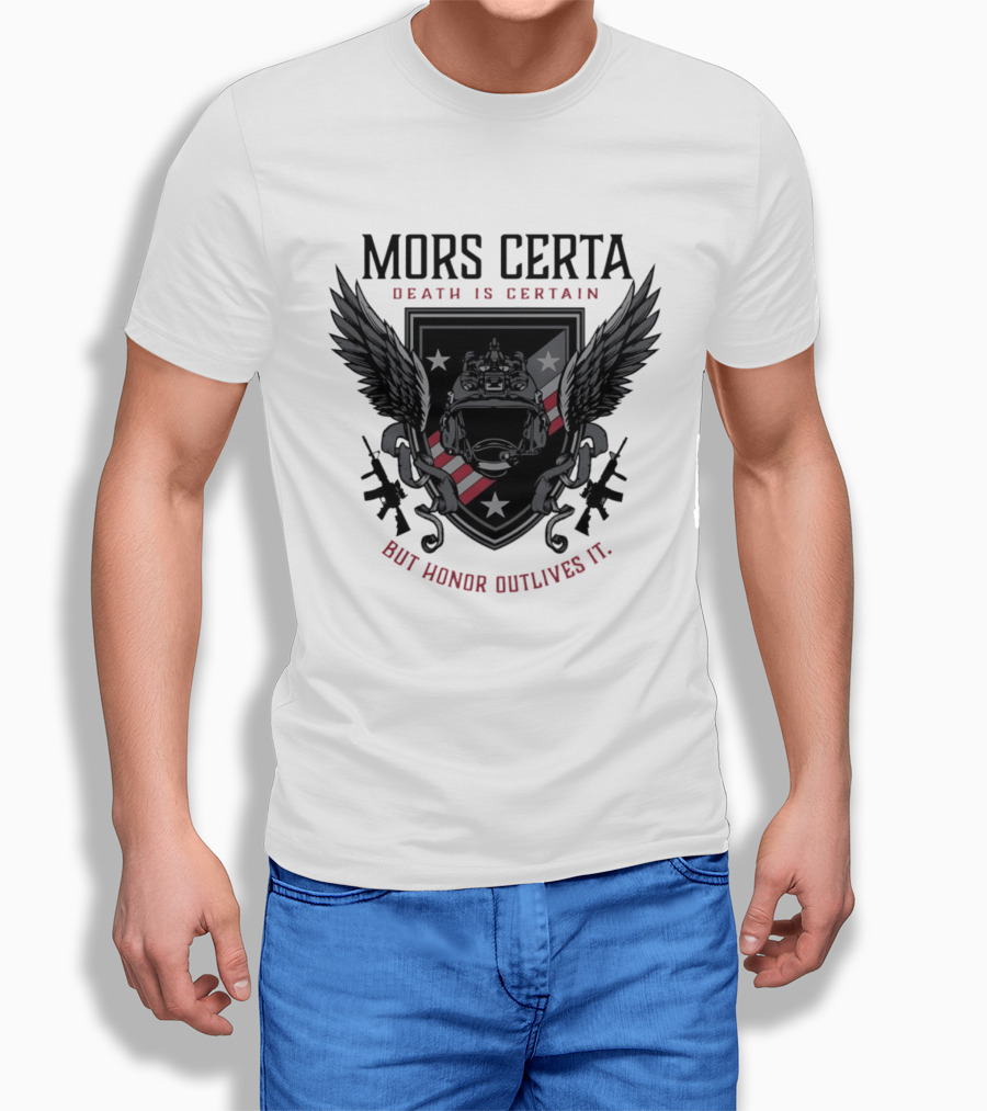 Mors Certa Death Is Certain But Honor Outlives It Winged Helmet Warrior's Legacy T-Shirt