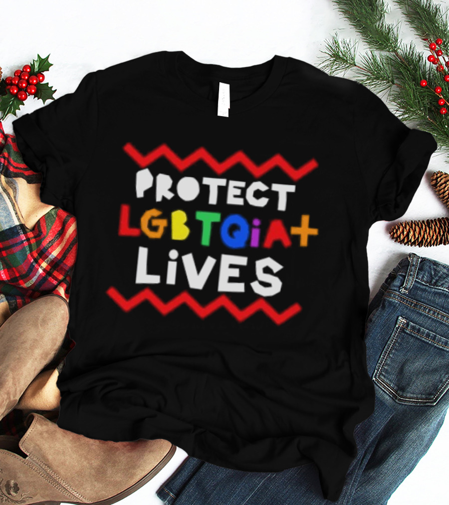 Protect LGBTQIA+ Lives Rainbow Letters With Red Zigzag Lines T-Shirt