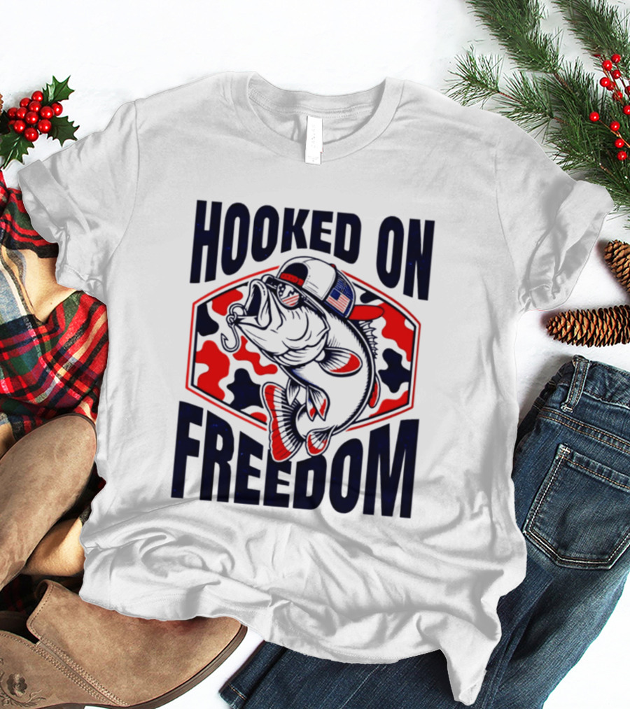 Hooked On Freedom Patriotic Fish Camo Hat T-Shirt