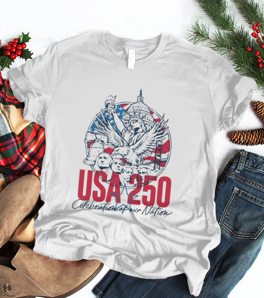 USA 250 Celebration Of Our Nation Symbols Liberty Capitol Eagle Mount Rushmore T-Shirt