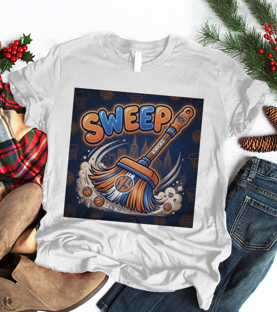 New York Knicks Sweep East Champs Basketball Skyline Broom T-Shirt