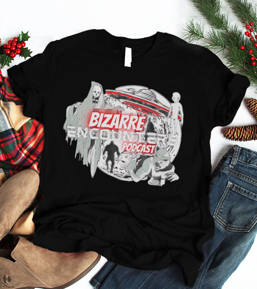 Bizarre Encounters Podcast UFO Aliens Skeletons Paranormal Illustrations T-Shirt