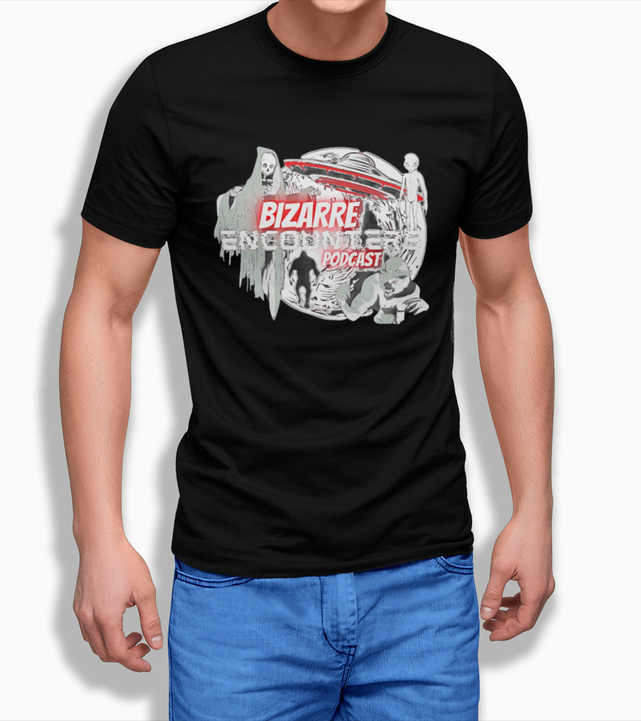 Bizarre Encounters Podcast UFO Aliens Skeletons Paranormal Illustrations T-Shirt