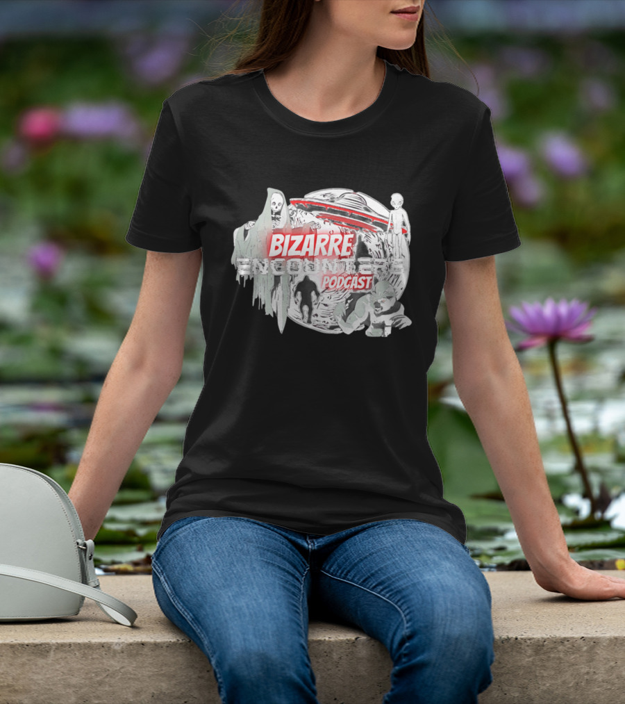 Bizarre Encounters Podcast UFO Aliens Skeletons Paranormal Illustrations T-Shirt
