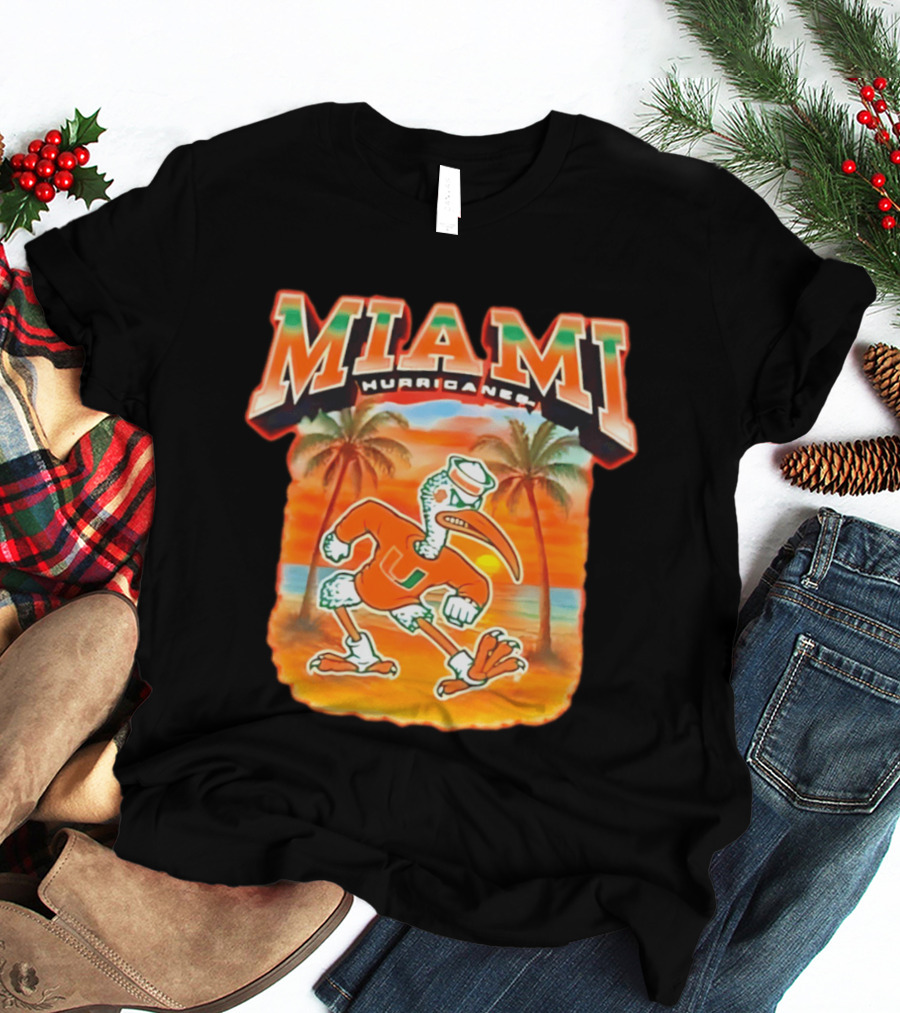 Miami Hurricanes Sebastian With Palm Trees And Sunset Beach Scene T-Shirt