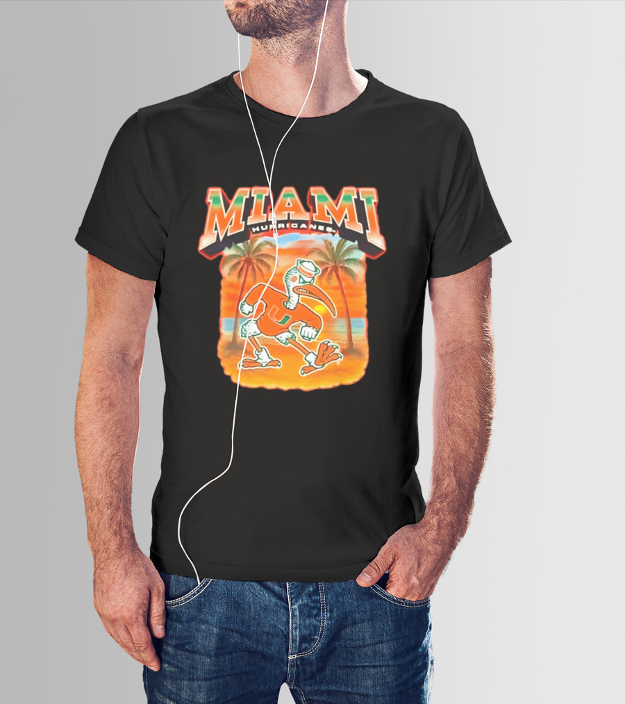 Miami Hurricanes Sebastian With Palm Trees And Sunset Beach Scene T-Shirt