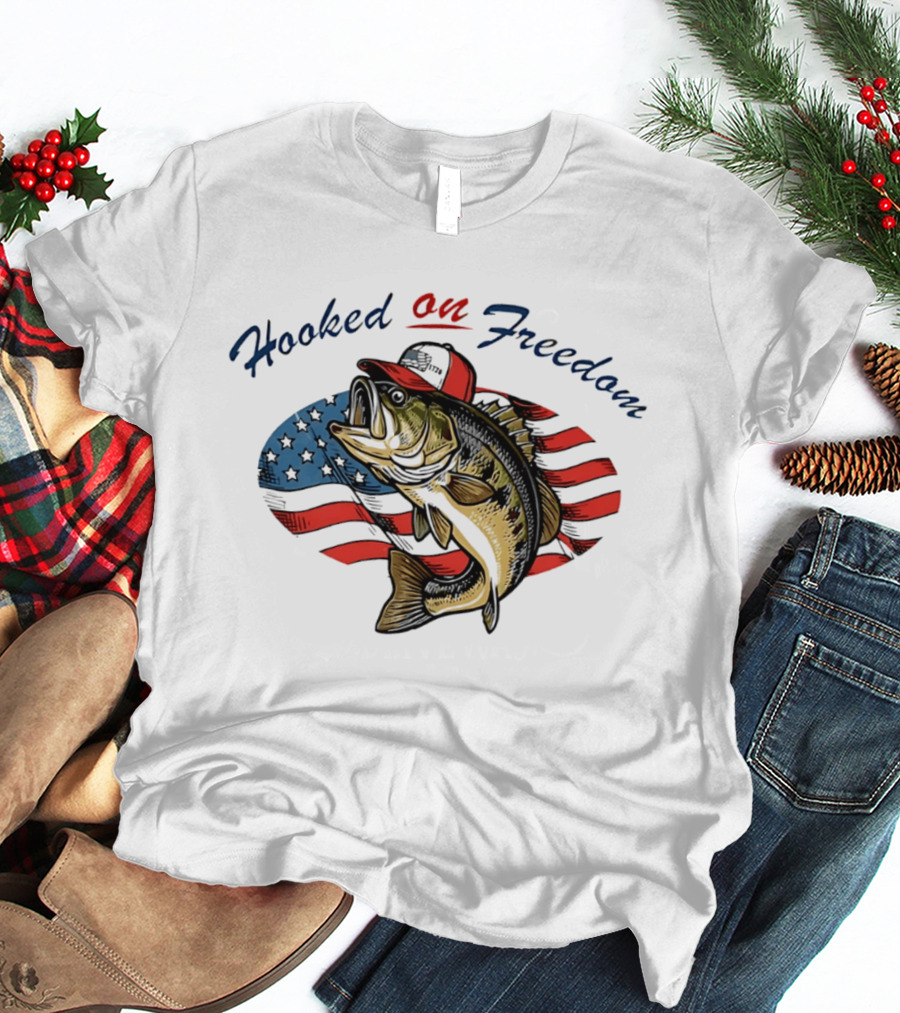 Hooked On Freedom Fish American Flag T-Shirt