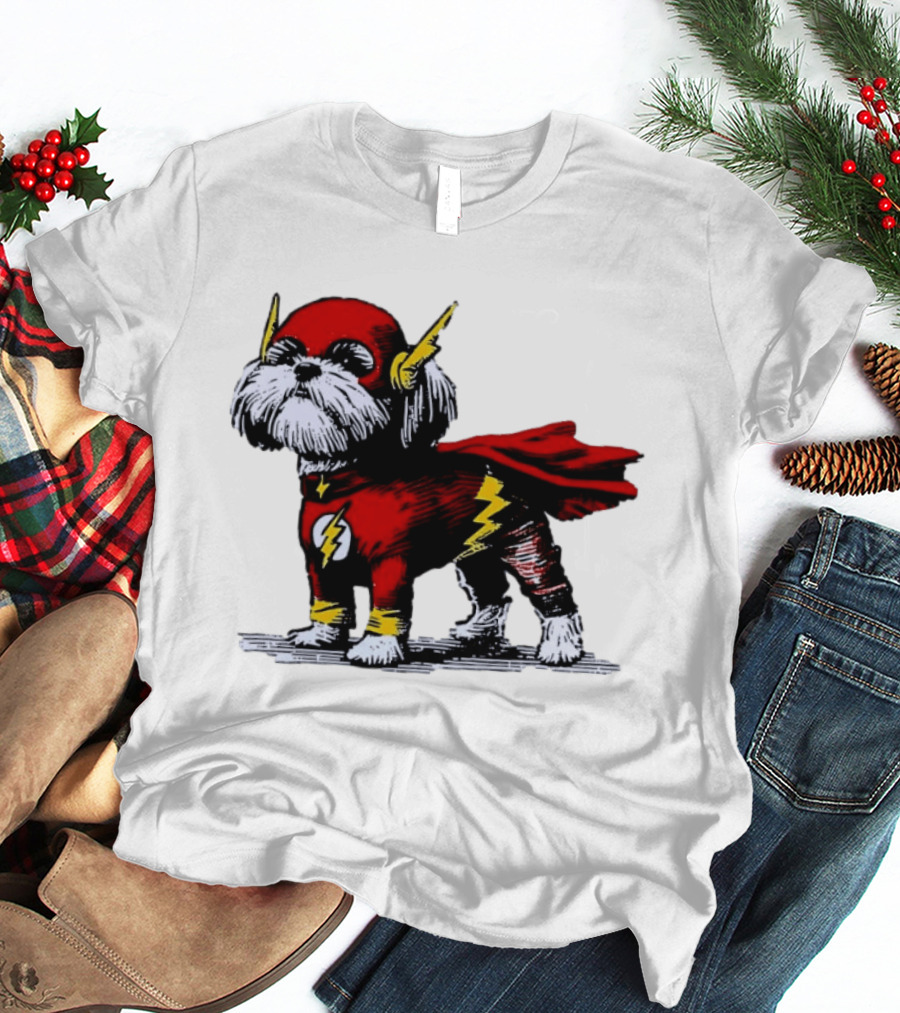 Shih Tzu Dog In The Flash Superhero Costume With Lightning Bolt T-Shirt