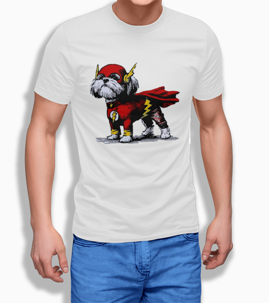 Shih Tzu Dog In The Flash Superhero Costume With Lightning Bolt T-Shirt