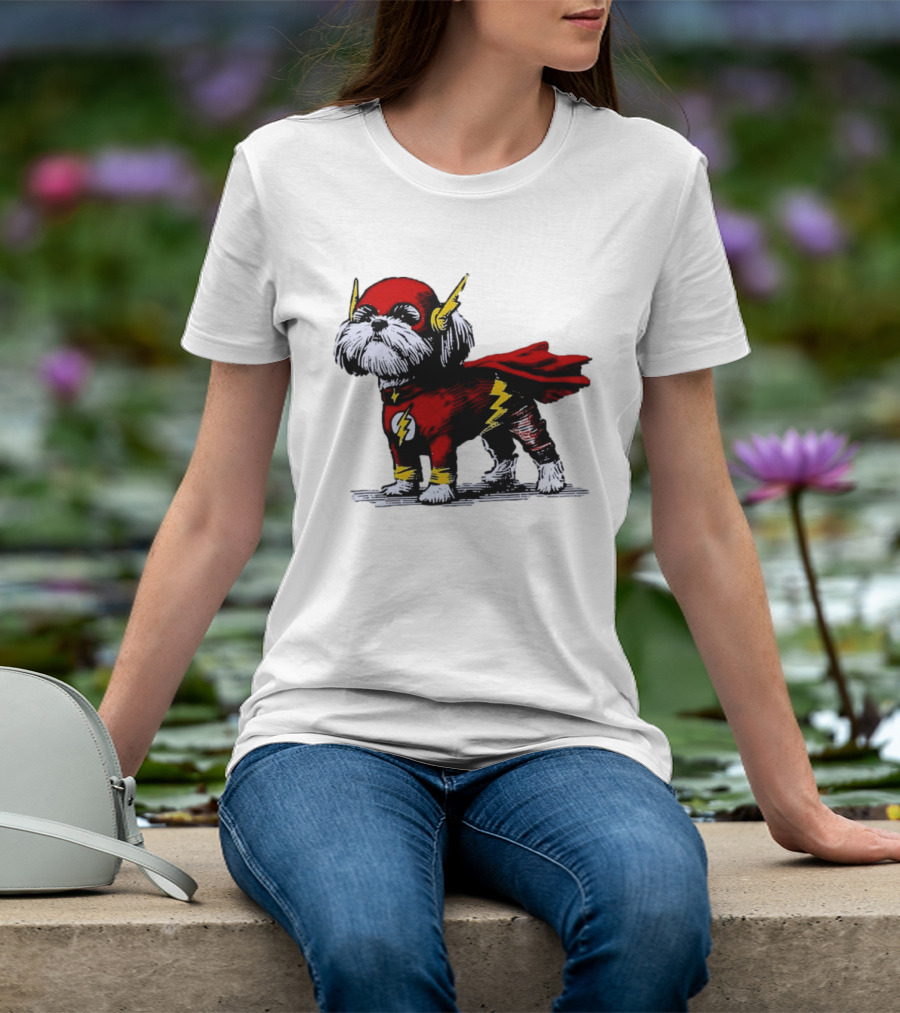 Shih Tzu Dog In The Flash Superhero Costume With Lightning Bolt T-Shirt