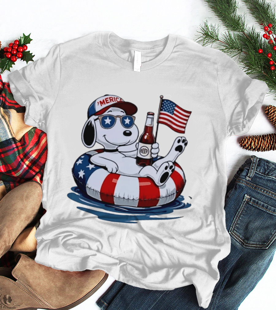Snoopy Patriotic American Flag Beer Floaty Relaxing T-Shirt