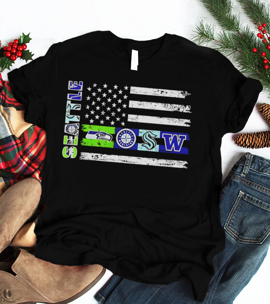 Seattle Seahawks Mariners Kraken Washington Flag T-Shirt
