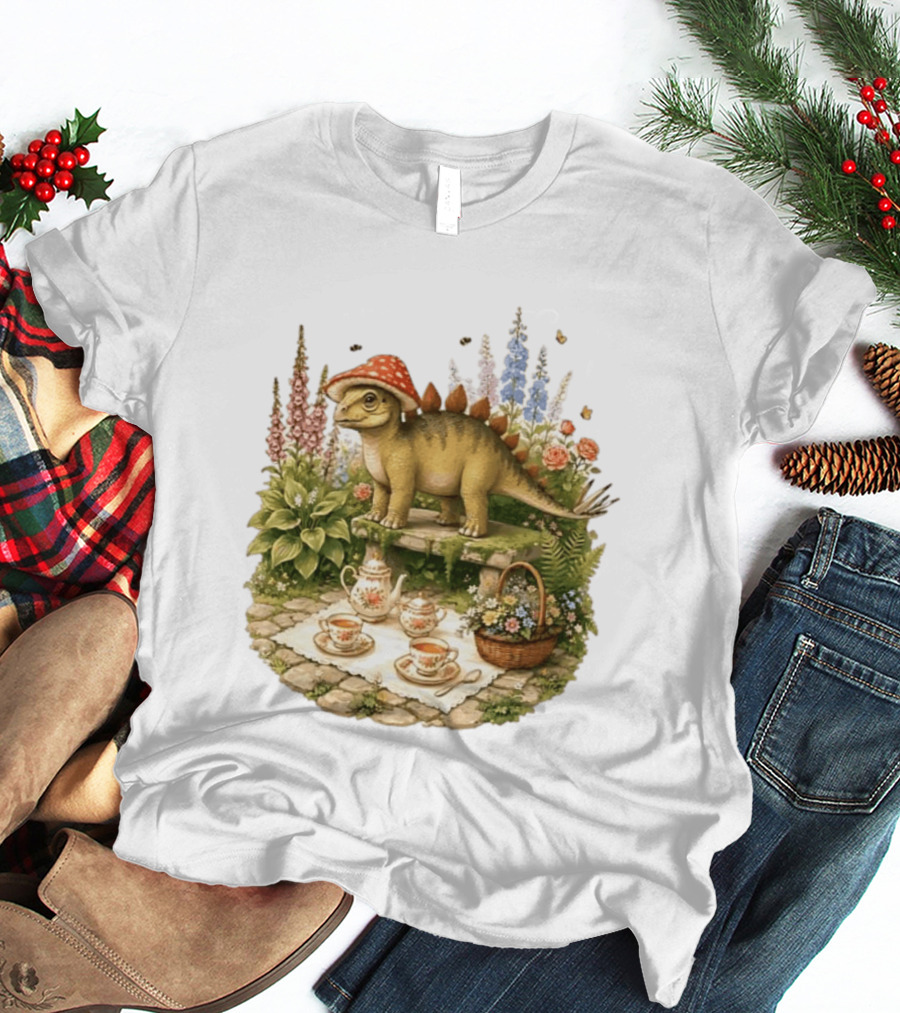 Baby Stegosaurus Wearing Red Mushroom Hat With Vintage Tea Party Garden Scene T-Shirt