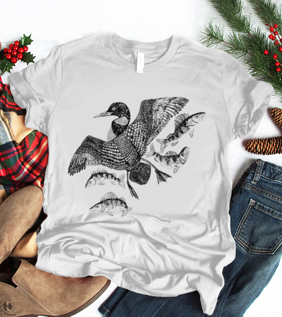 Common Loon And Fish Nature Scene Black T-Shirt