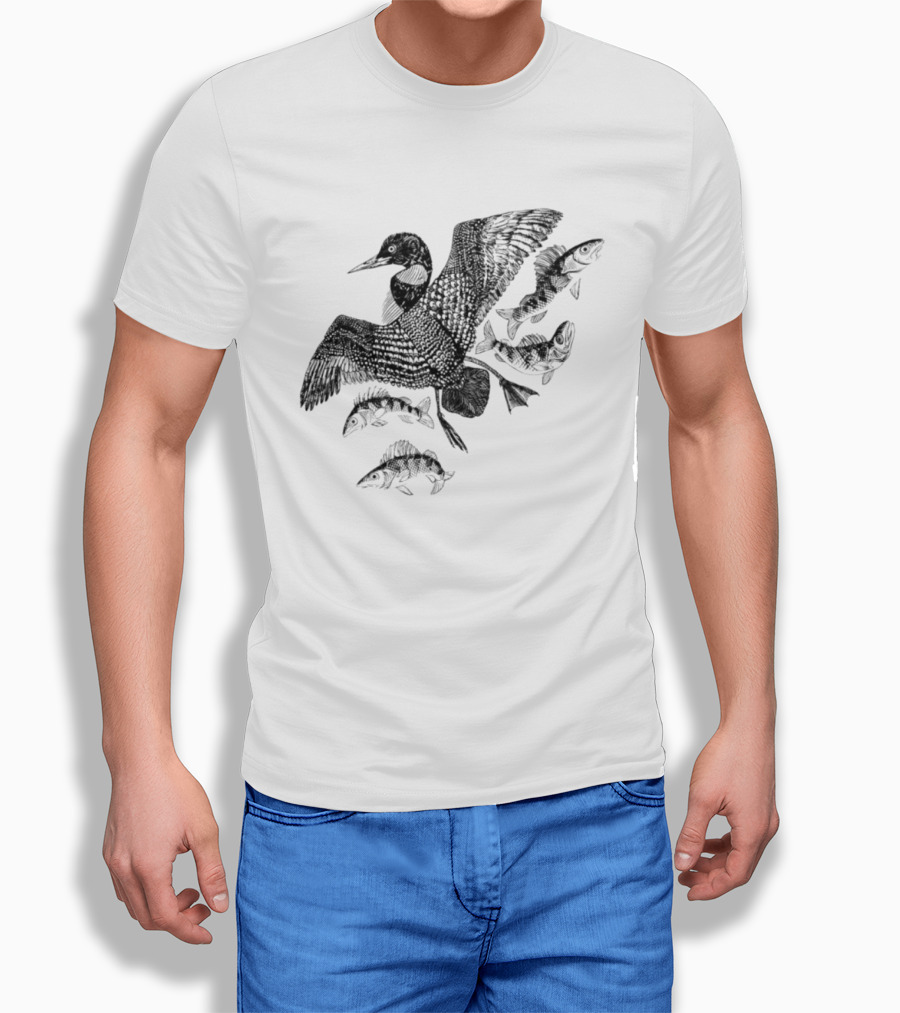 Common Loon And Fish Nature Scene Black T-Shirt
