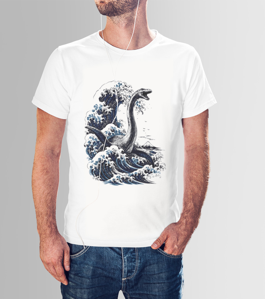 Great Wave Off Kanagawa Loch Ness Monster Mount Fuji Fusion T-Shirt