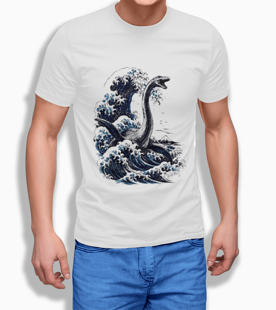 Great Wave Off Kanagawa Loch Ness Monster Mount Fuji Fusion T-Shirt