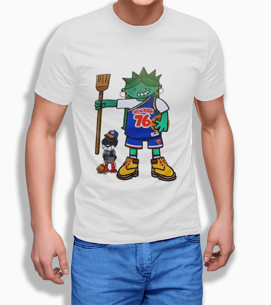 New York 76 Knicks Statue Liberty Broom Basketball 2024 T-Shirt