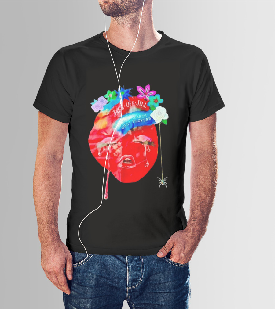 Jack Off Jill Clear Hearts Grey Flowers Crying Face With Colorful Floral Accents T-Shirt