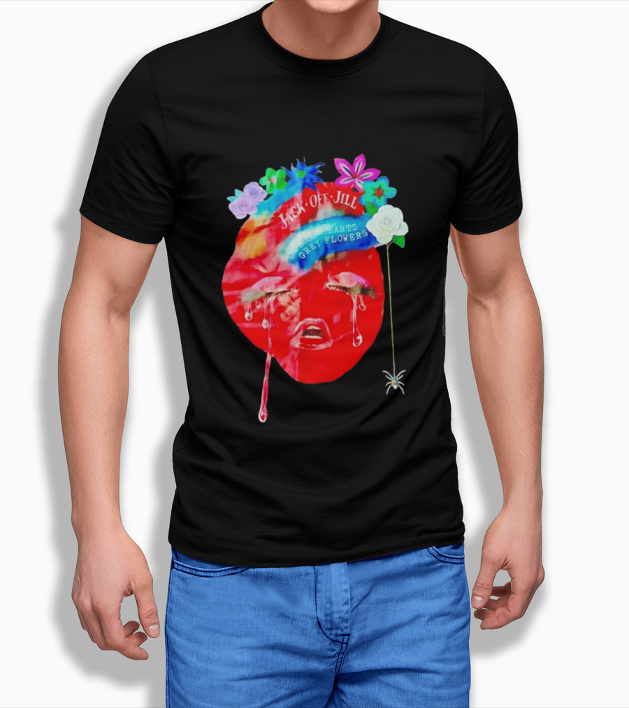 Jack Off Jill Clear Hearts Grey Flowers Crying Face With Colorful Floral Accents T-Shirt