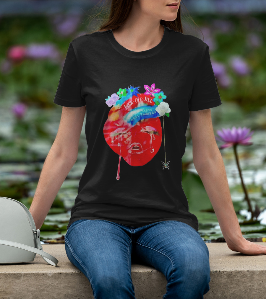 Jack Off Jill Clear Hearts Grey Flowers Crying Face With Colorful Floral Accents T-Shirt