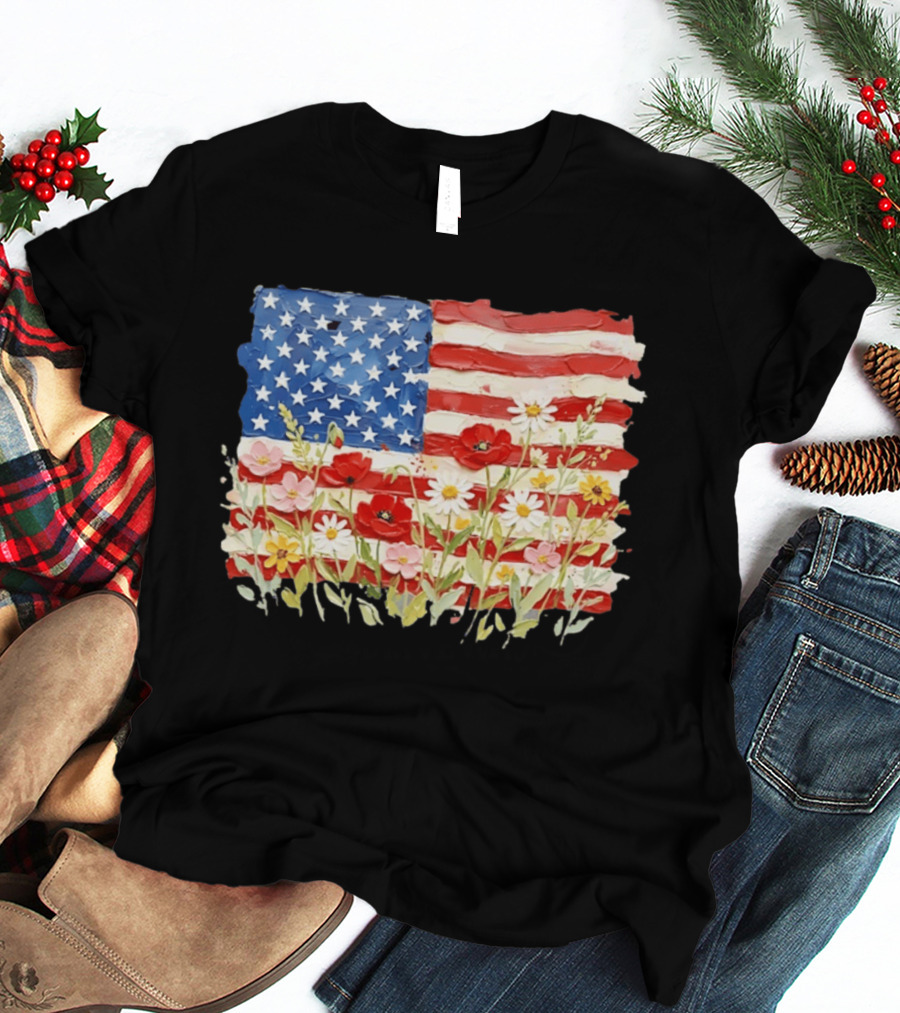 Floral American Flag With Impasto Texture And Flowers T-Shirt