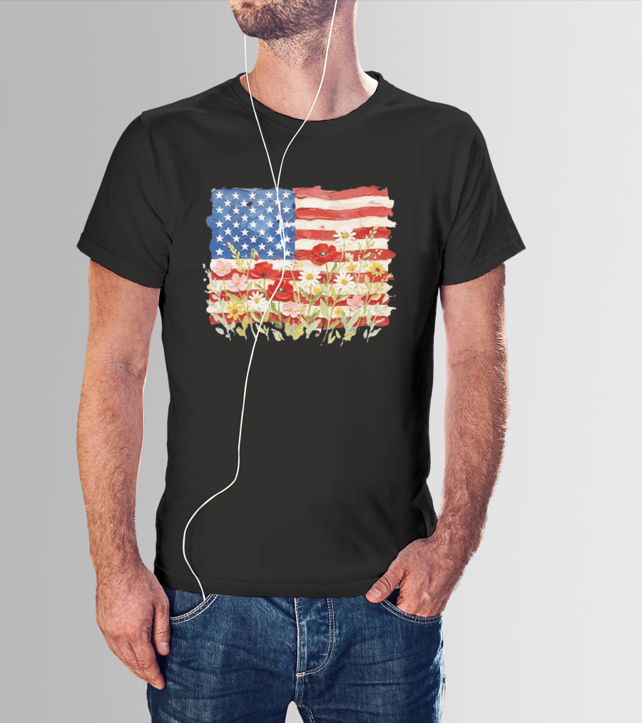 Floral American Flag With Impasto Texture And Flowers T-Shirt