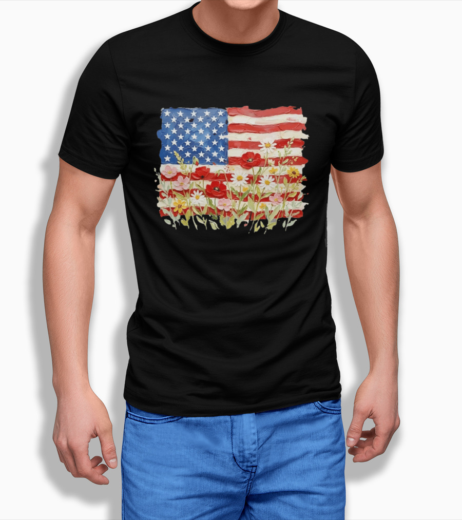 Floral American Flag With Impasto Texture And Flowers T-Shirt